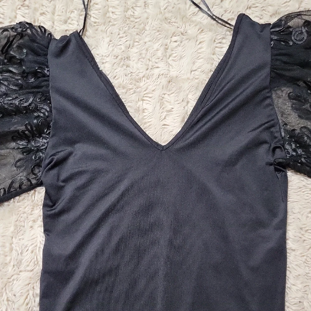 πZara Black Lace Puff Sleeve Bodysuit Size Large - Picture 8 of 9